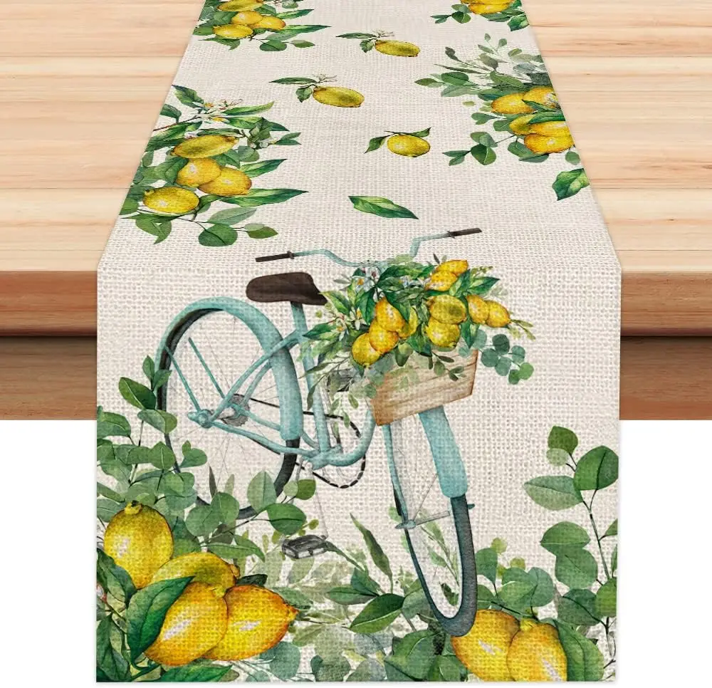 Summer Bicycle Lemon Linen Table Runner Holiday Party Decorations Washable Dining Table Runner for Vintage Theme Party Decor