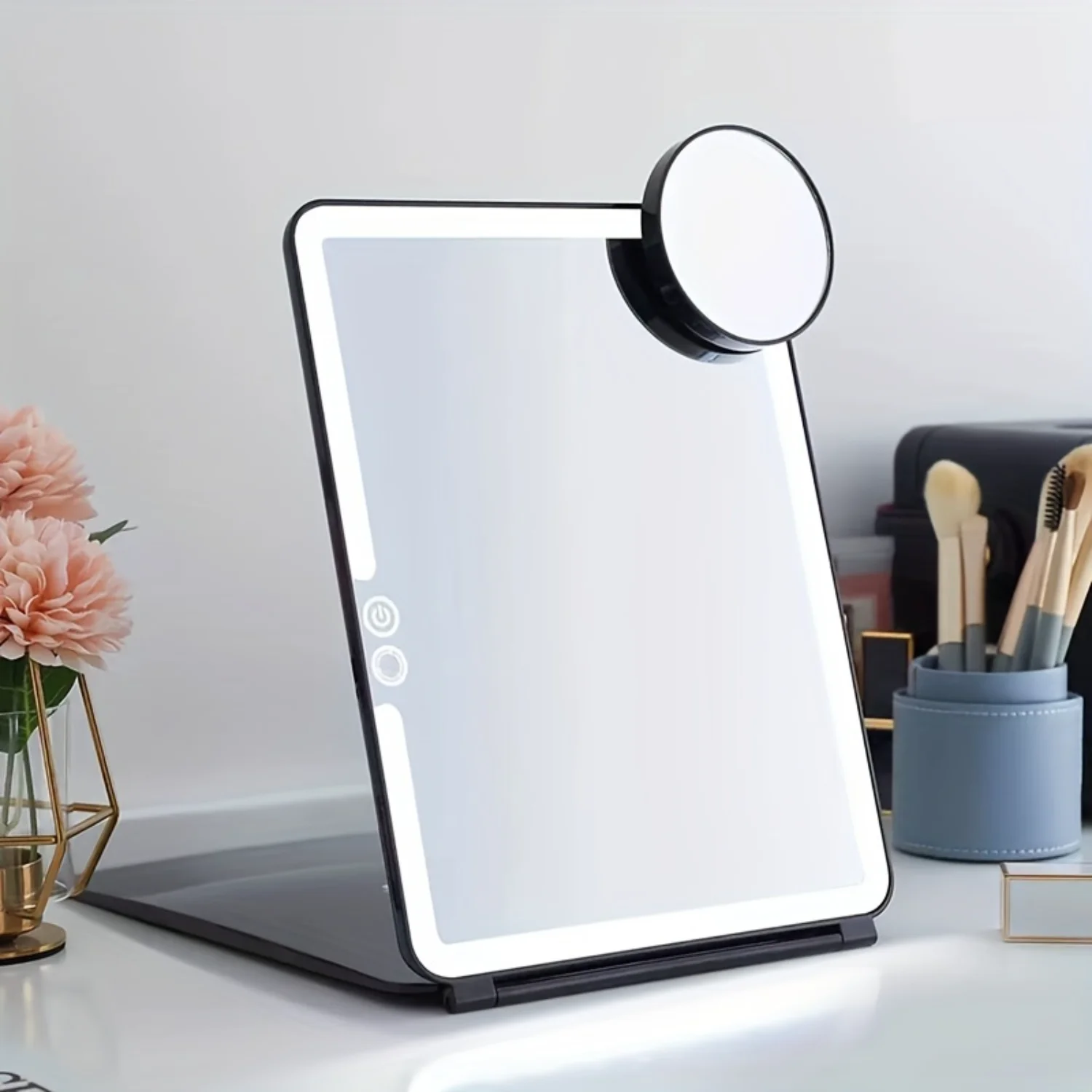 Portable LED Cosmetic Mirror with 10X Magnifying Glass - Large Tinting Mirror, Desktop Folding Design, Flip Cover with Light