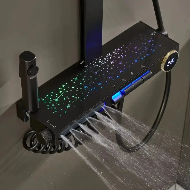 

Звезды Манlight Ванная комната Бронзовый Белый Водопад Клавиши фортепиано Цифровой дисплей Массаж талии Многофункциональный душевой набор