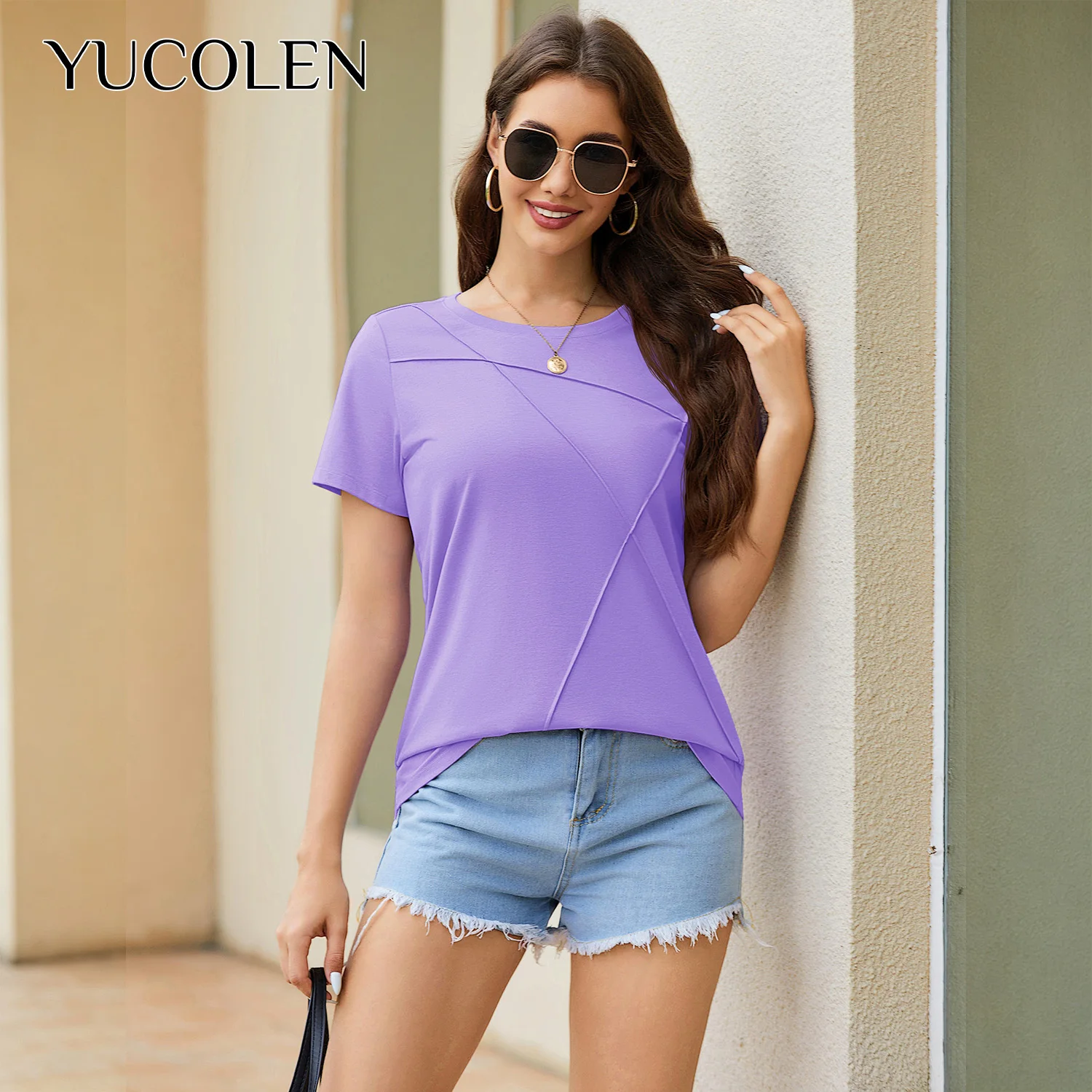 YUCOLEN Women Crew Neck Short Sleeve Solid Seamed Stitching Tee UPF50+ Lightweight Wrinkle Resistant Curved Hem Casual Summer To