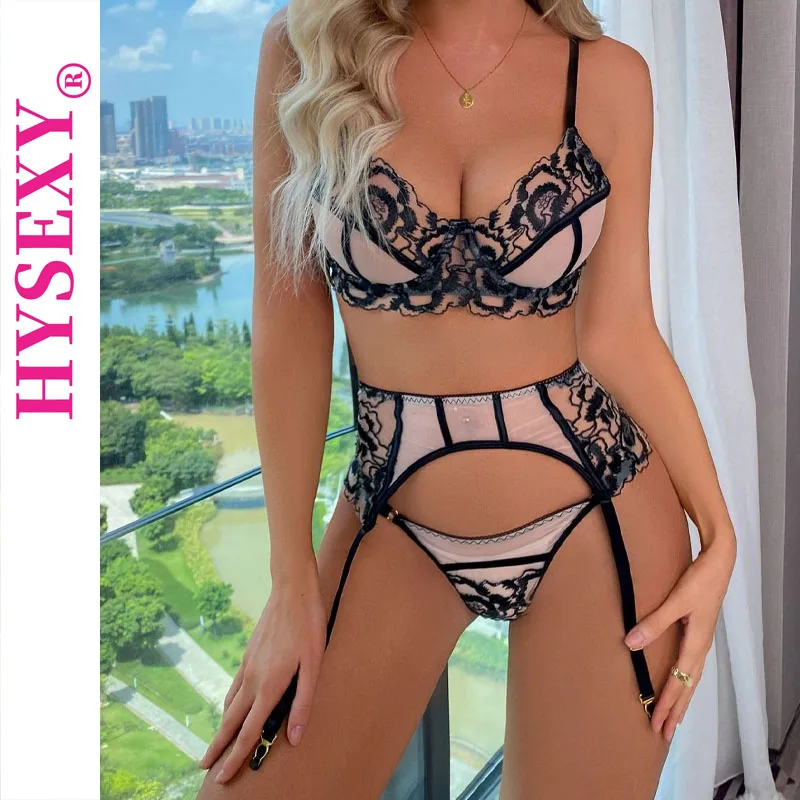 

HYSEXY Lingeries Garter Sets Baby Doll Lingerie Woman Sexy Outfit See-through Erotic Underwear Mesh Embroidered Floral