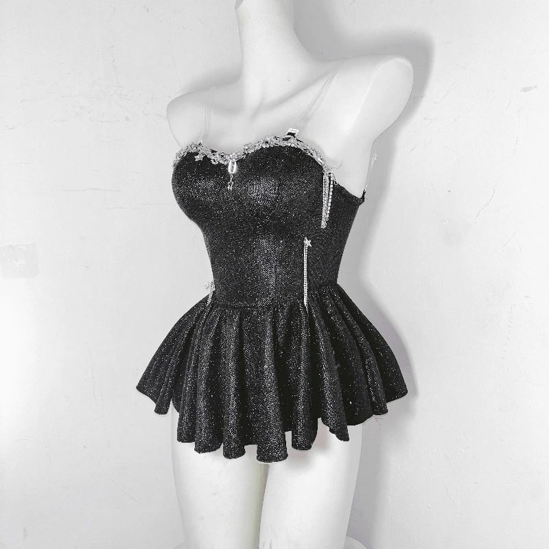 Origineel ontwerp zware industrie puur zwart gothic sprankelende pailletten dames sling punk 2025, nieuwe zoete coole sexy shorts pak dames