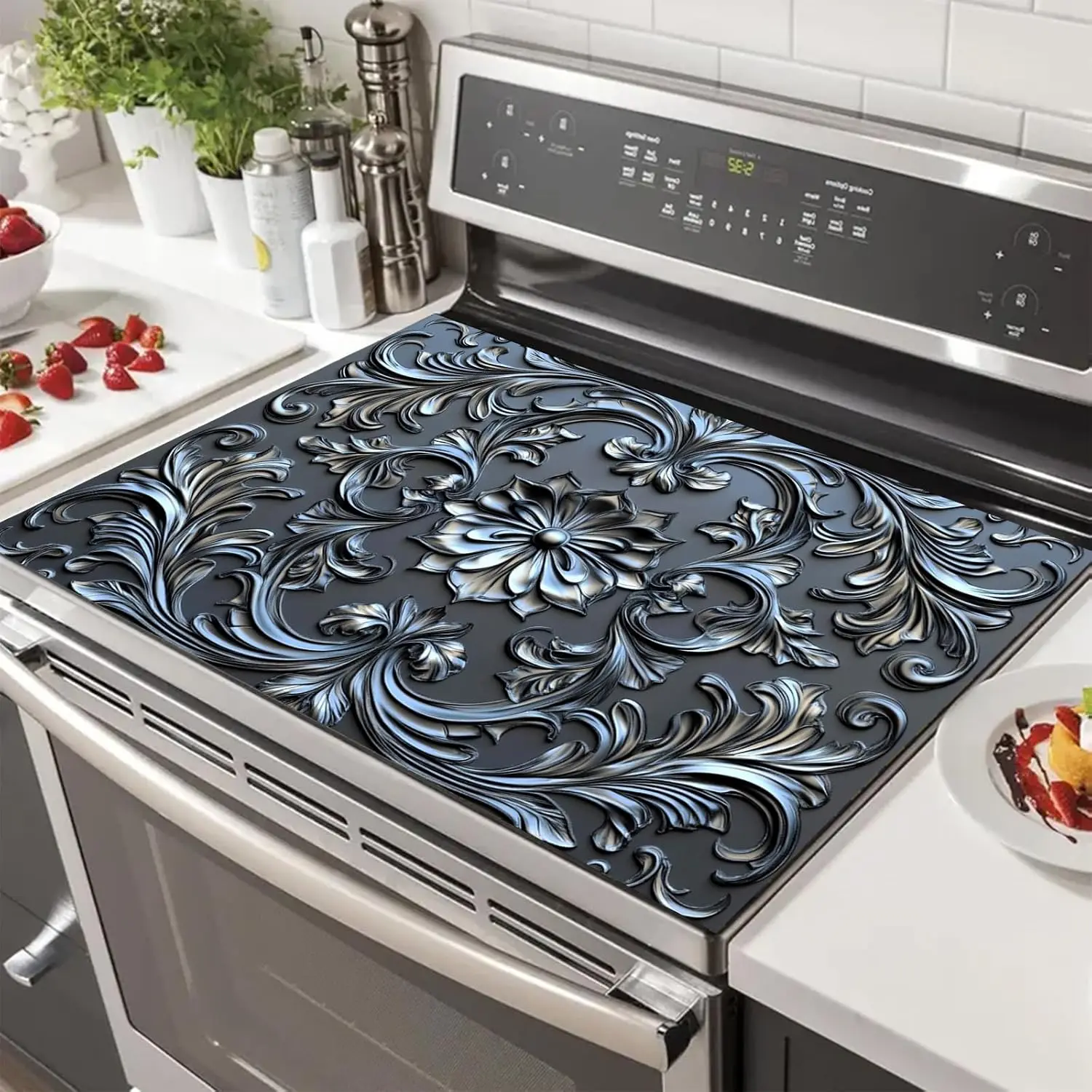 Metallisch Blaue Blumenmuster Herdabdeckung, Rutschfeste Hitzebeständige Brennerabdeckung, 3D Geprägte Herdschutzmatte für Elektro- und Gasherde