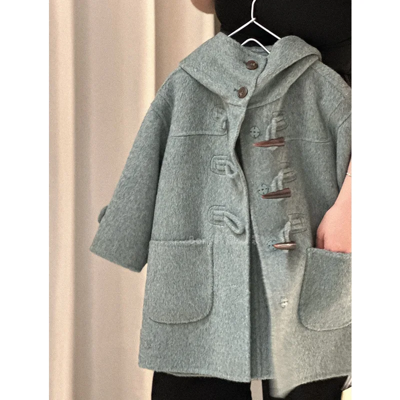 Korean Girls Trendy Woolen Jackets 2023 Autumn and Winter Clothing New Trend for Middle-aged and Young Children Hooded Coats