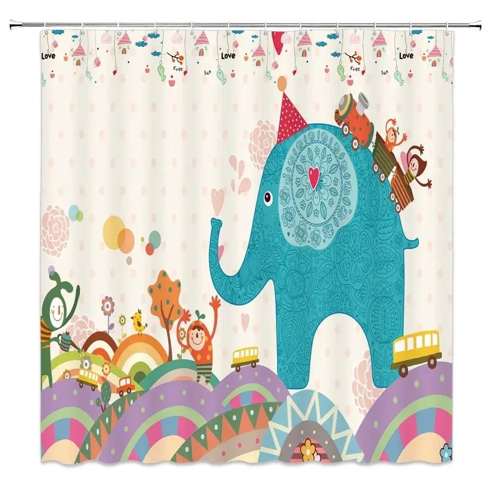 Cartoon Animal Gala Shower Curtain Happy Comic Decor Bee Train on Elephant Fish Key Festival Adornment Hanging