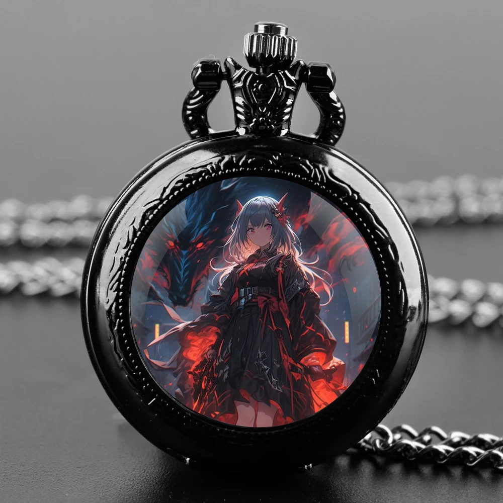 Anime Hutao Cosplay Genshin Quartz Pocket Watch for Women Men Black Necklace Unique Pendant Clock Chain Watch Gift Accessories