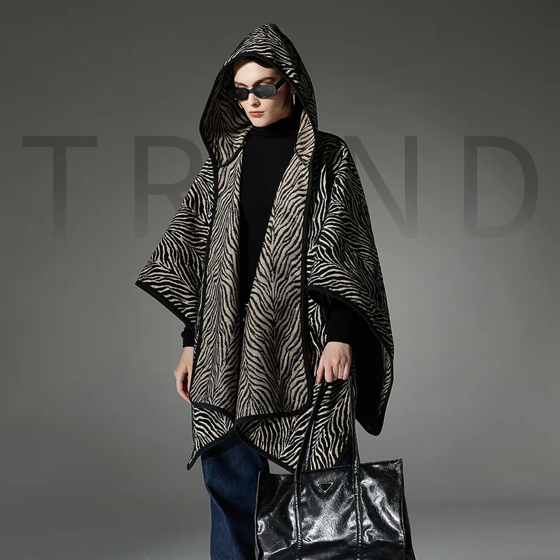 new-european-and-american-winter-collection-patterned-black-hooded-cape-shawl