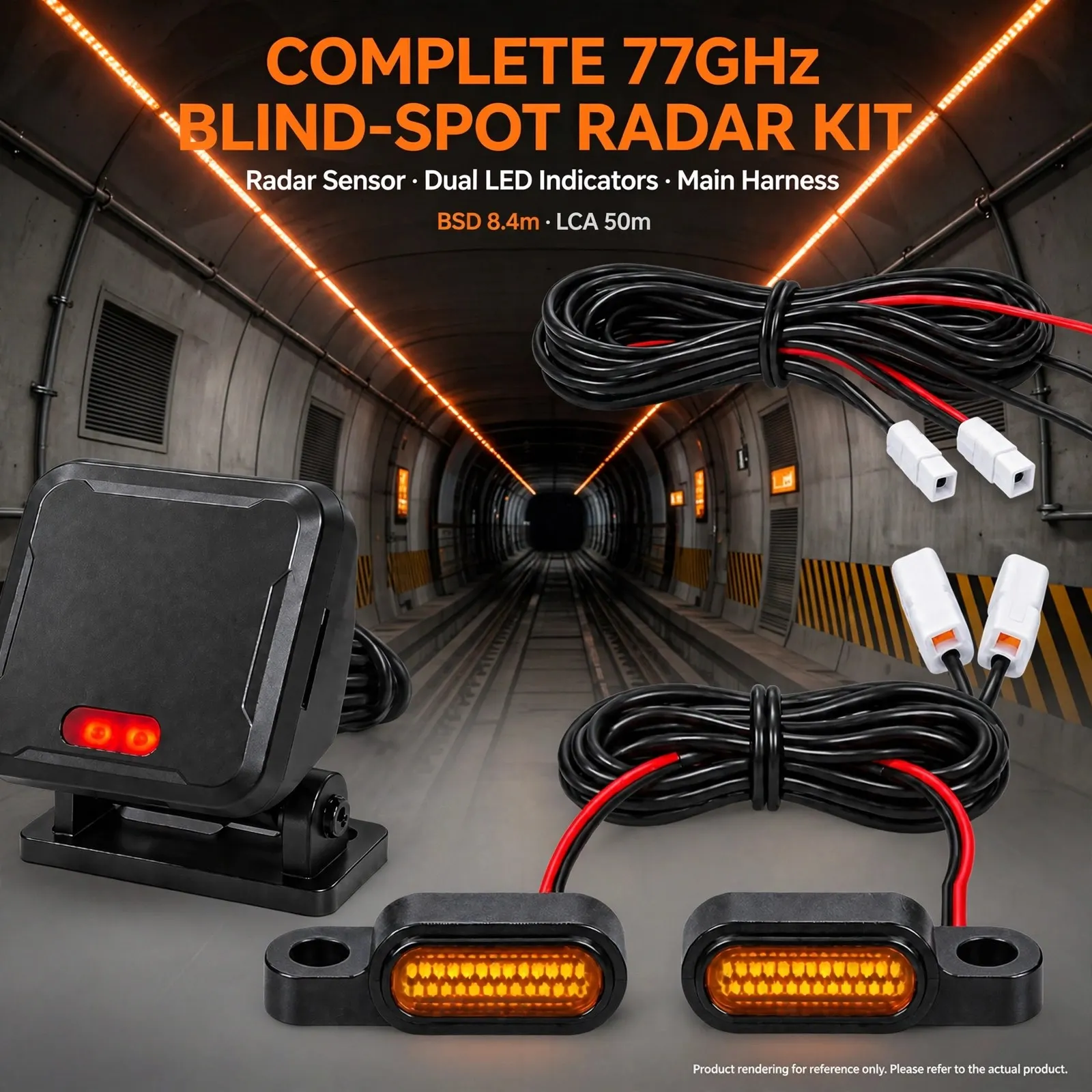 77GHz Motorcycle Blind Spot Radar – Dual Amber LED Warning Indicators, Up to 70m Rear Detection, BSD 8.4m + LCA 50m (TTC≤5s), 9–