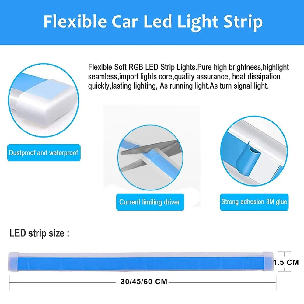 Carro LED DRL Daytime Night Running Luz, Impermeável, Flexível, Universal, Fluindo, Sinal de giro, Freio, Lâmpada de tira, 2pcs