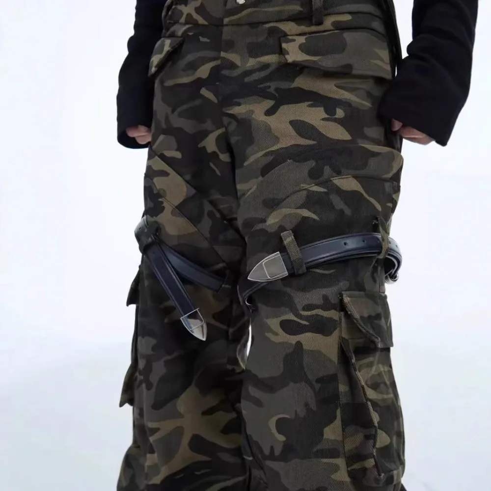 Heavy Duty Leather Belt Men's Design Sense Camouflage Work Pants Loose Washed Retro Pants Men Clothing Streetwear