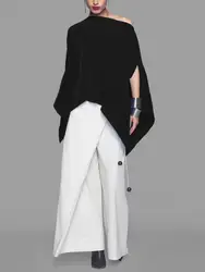 Women Irregularly Cut Top Black Skew Collar Batwing Sleeves Loose T-shirt 2024 Spring and Summer Female Fashion Shirts