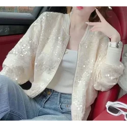 Long Sleeves Sequins Baseball Uniform Coat for Female Thin Vacation Top Korean Popular Clothes Long Sleeves Design Sense, Summer