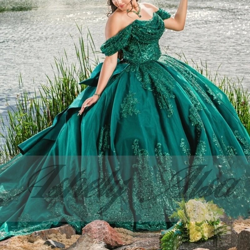 A36331 robe de fête d'anniversaire pour femmes, vert mexicain, épaules dénudées, avec nœud, robe de bal, occasion douce 15 16 filles, Quinceanera, personnalisée