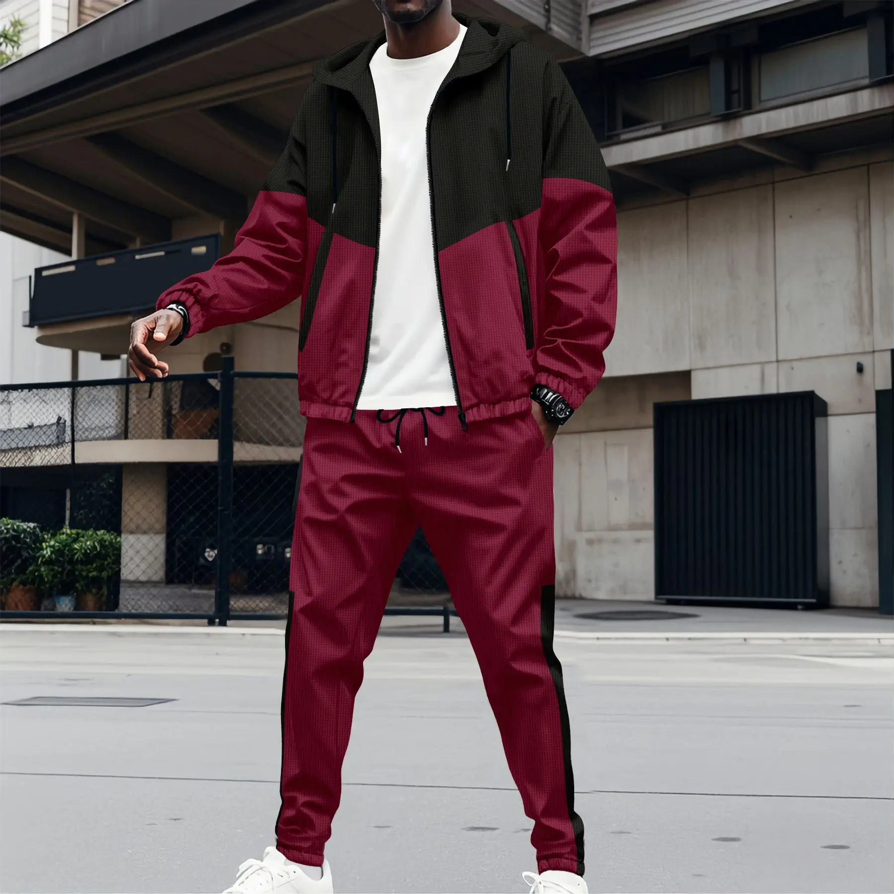 

Men's sportswear double-pocket patchwork multi-color casual hooded jacket + pants. Casual sportswear coat suit. streetwear.
