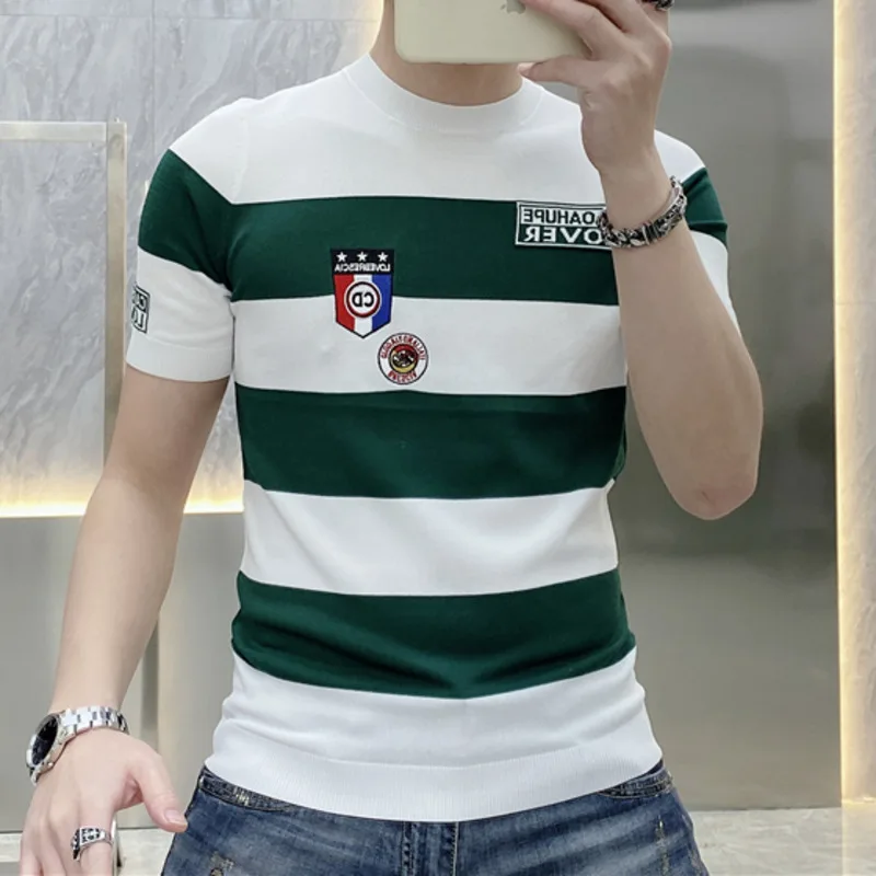 2023Tee Shirt Homme Personalized Striped Contrast Heat Drill Slim Fit Elastic Ice Silk Short Sleeve T-shirt Round Neck MenTshirt