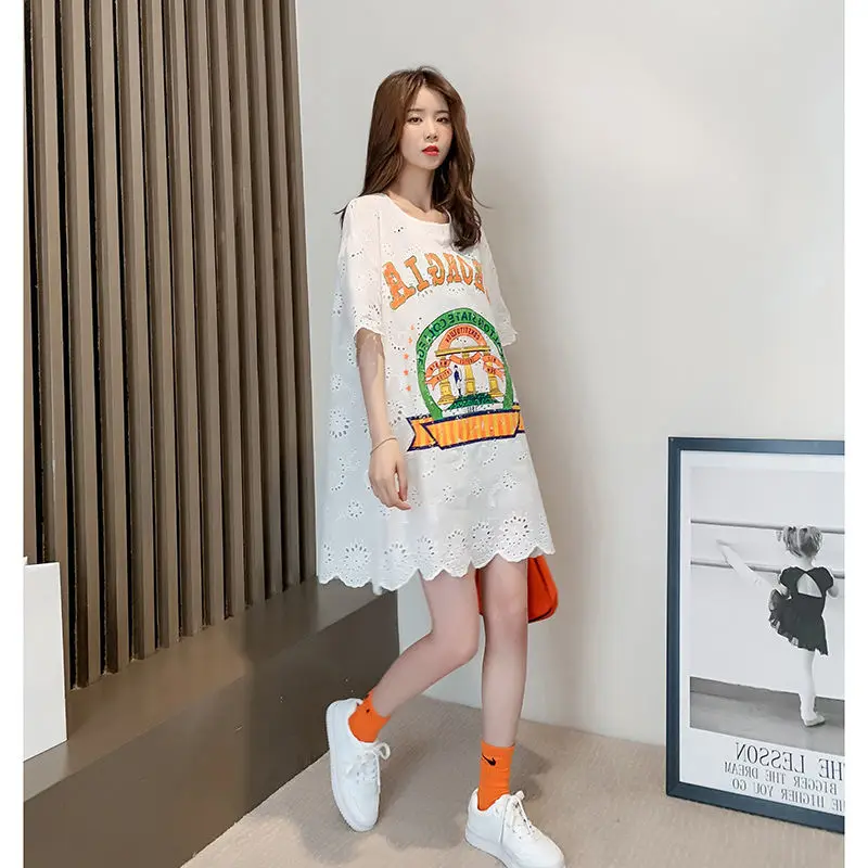 Casual Clothes Women\'s T-shirt For Summer Loose Elegant Pulovers Graphic Short Sleeve White Midi Tops Fashion Korean T Shirt