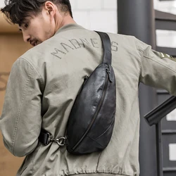 Sac à bandoulière en cuir véritable pour hommes, sacoche de poitrine, petit sac de loisirs noir M129