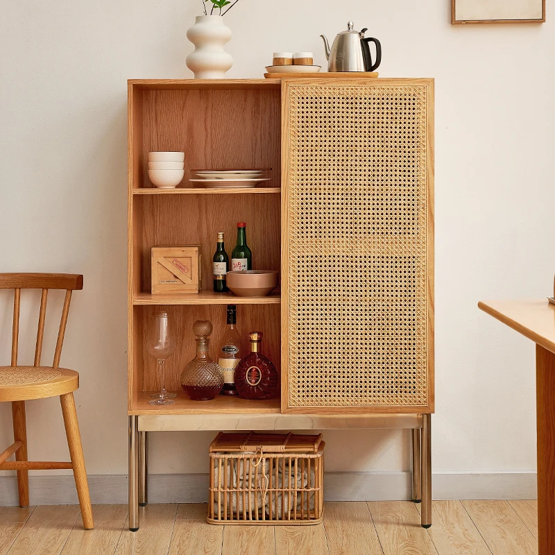 

Solid wood side cabinet, red oak Korean ins stainless steel element rattan chest cabinet, locker storage, Nordic home