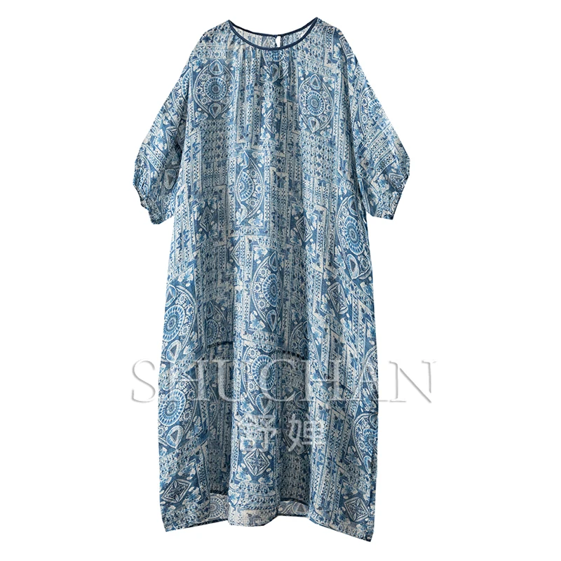 

Return To Nature Ethnic Style Printing European Standard Ramie Round Neck Seven-quarter Sleeve Dress Women