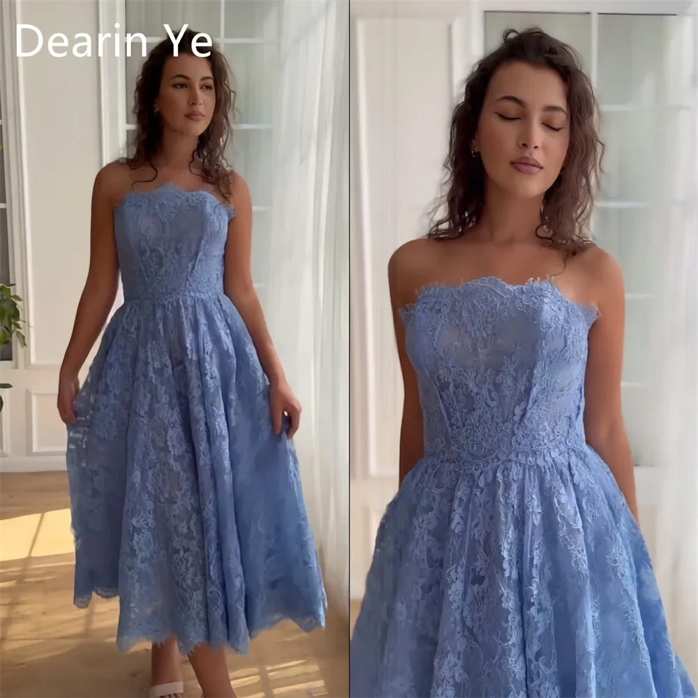 

Customized Prom Gown Dearin Strapless A-line Tea Length Skirts Draped Tulle Sleeveless Bespoke Occasion Dresses Evening Formal D