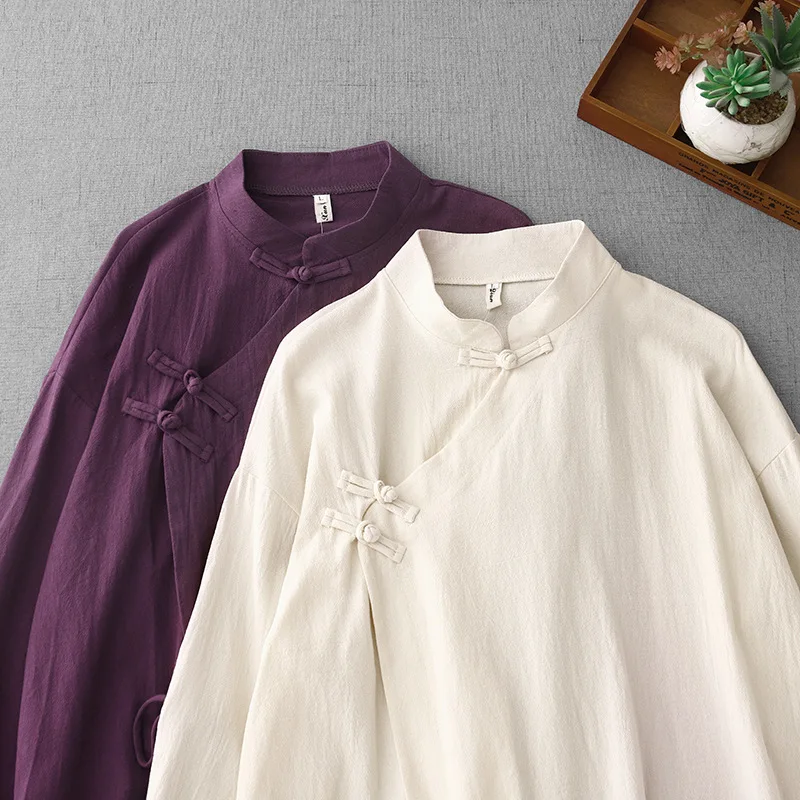 2025 Retro Chinese Style Cotton and Linen Top Button Tea Zen Clothes Layman Meditation Tang Clothing Women