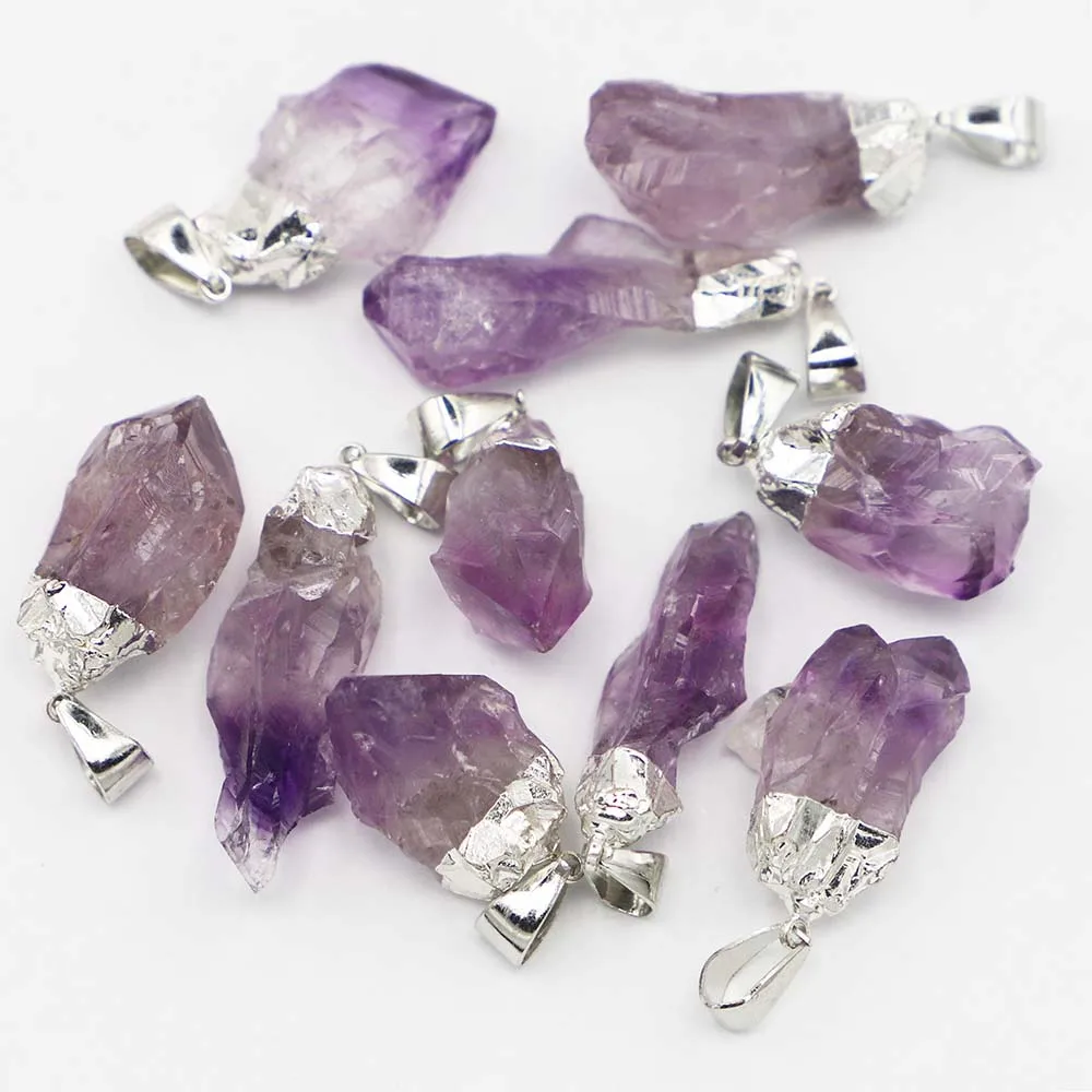 Hotsell Natural Stone Amethyst Silver Irregular Gold Pendant Fashion Reiki Charm Necklace DIY Jewelry Accessories Wholesale12Pcs