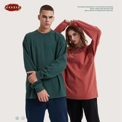 ZODF 2022 Retro Autumn Full Sleeve Washed 100% Cotton T-Shirts For Men Unisex Solid Casual Loose 310gsm Tee Brand Tops HY0405