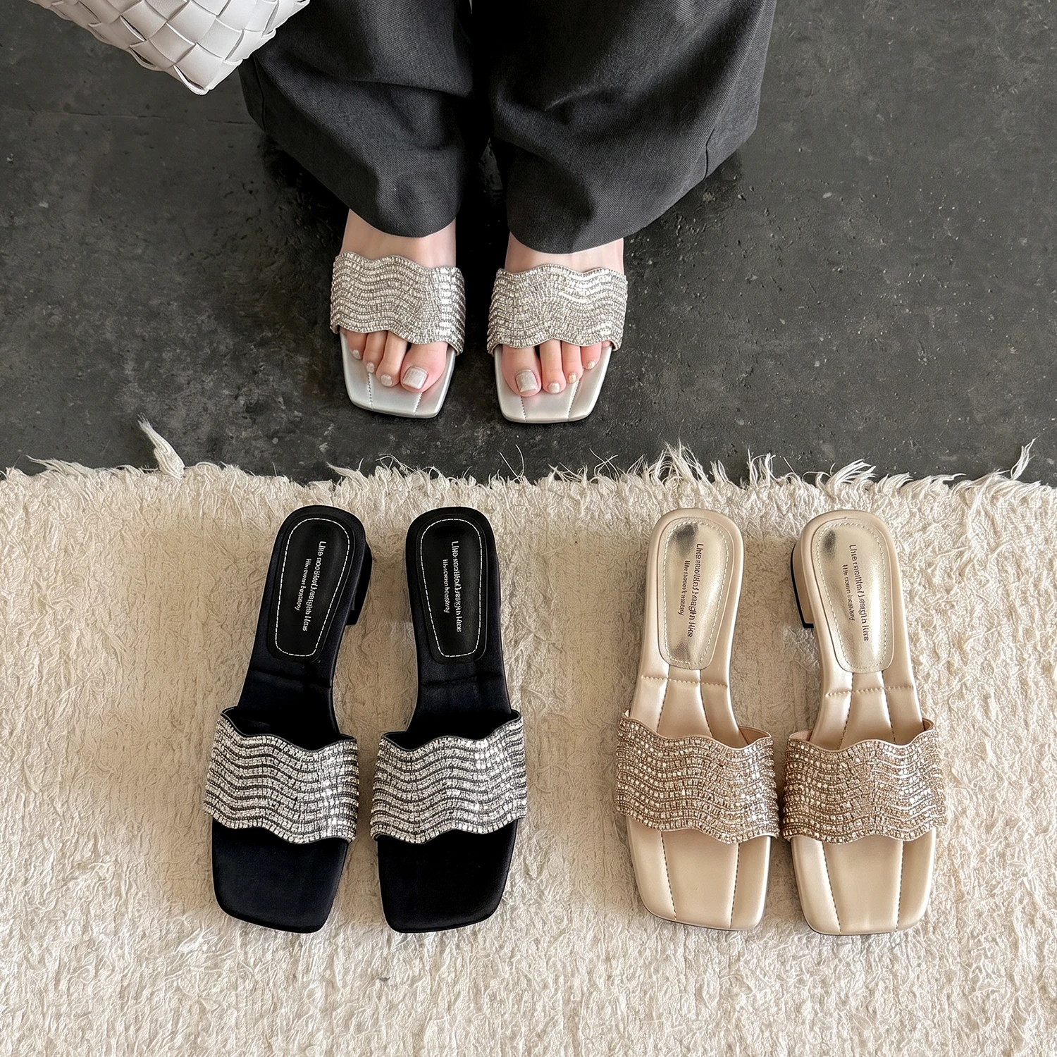2026 new summer women sandals natural leather 22-25cm microfiber+sheepskin+pigskin rhinestone mules high heel women slippers
