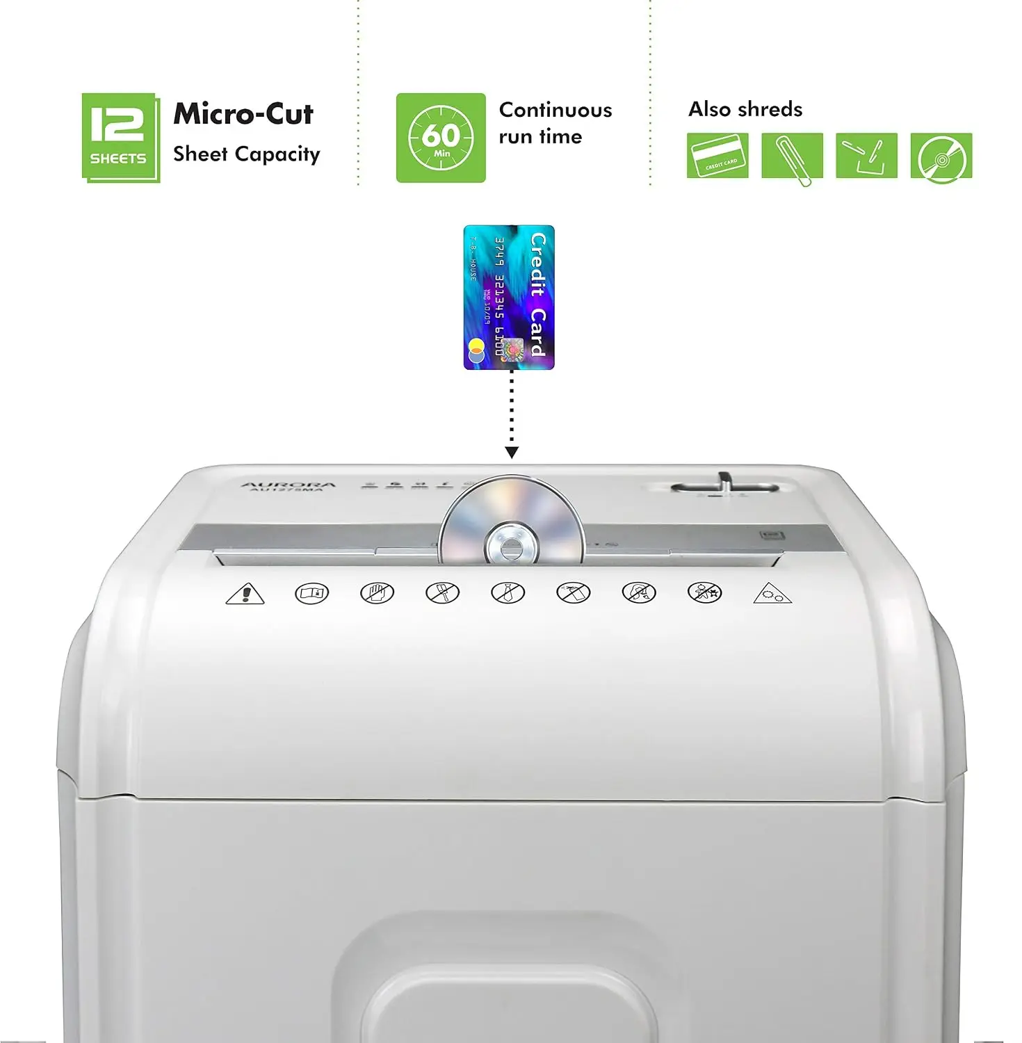 Professional-Grade Micro-Cut Shredder for Paper, CDs, and Credit Cards, 12-Sheet Capacity, 60-Minute Continuous Run Time, White and Gray