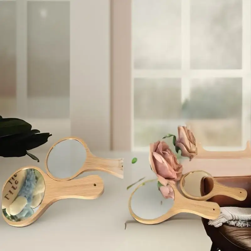Portable Bamboo Makeup Mirror Handmade Handle Round Cosmetic Mirror With Handle Personal Vanity Handheld Mirror