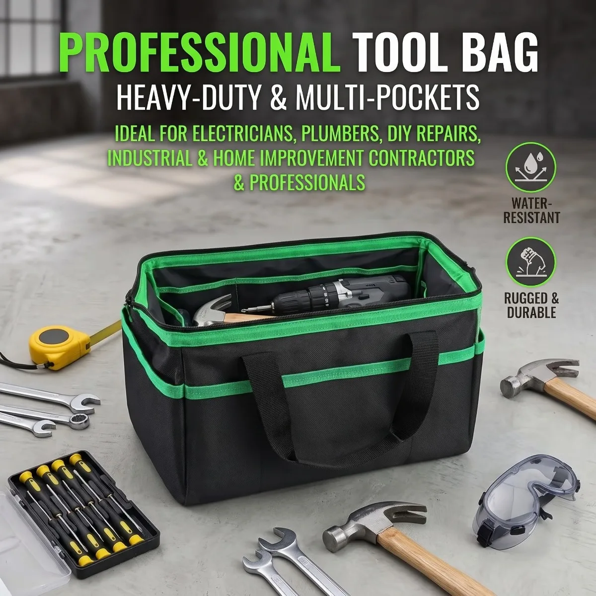 Professional Tool Bag Multi Pocket Storage Organizer Heavy Duty Wide Mouth Handbag for Electricians Plumbers and Mechanics