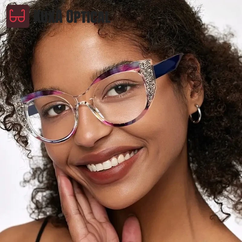 KUXA Women Elegant Designer Optical Eyeglasses Frame Fashion Lady Light Reading Glasses for Prescription Lenses Rhinestone Spect