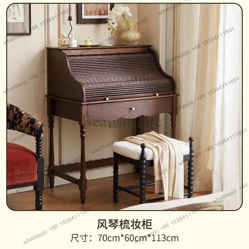 YJ French Retro Roller Shutter Dresser, Medium And Ancient Style Solid Wood Makeup Table, Integrated Storage