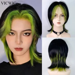 VICWIG Short Straight Mullet Head Wigs Synthetic Black Green Natural Lolita Cosplay Hair Wig for Daily Party