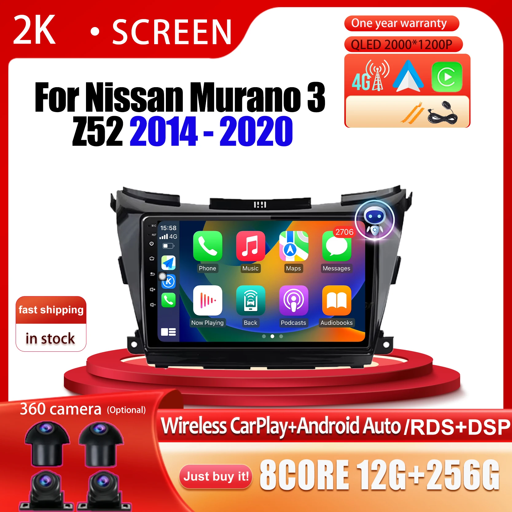 

4G LTE Android 14 DSP IPS Carplay Auto Radio Stereo Player Multimedia For Nissan Murano 3 Z52 2014 - 2020 GPS Navigation WIFI