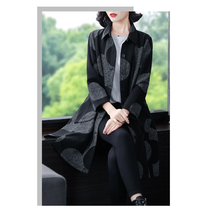 レディース新作ステッチ入りポロ襟ボタンプリントファッションゆったり万能カジュアル長袖トレンチコート