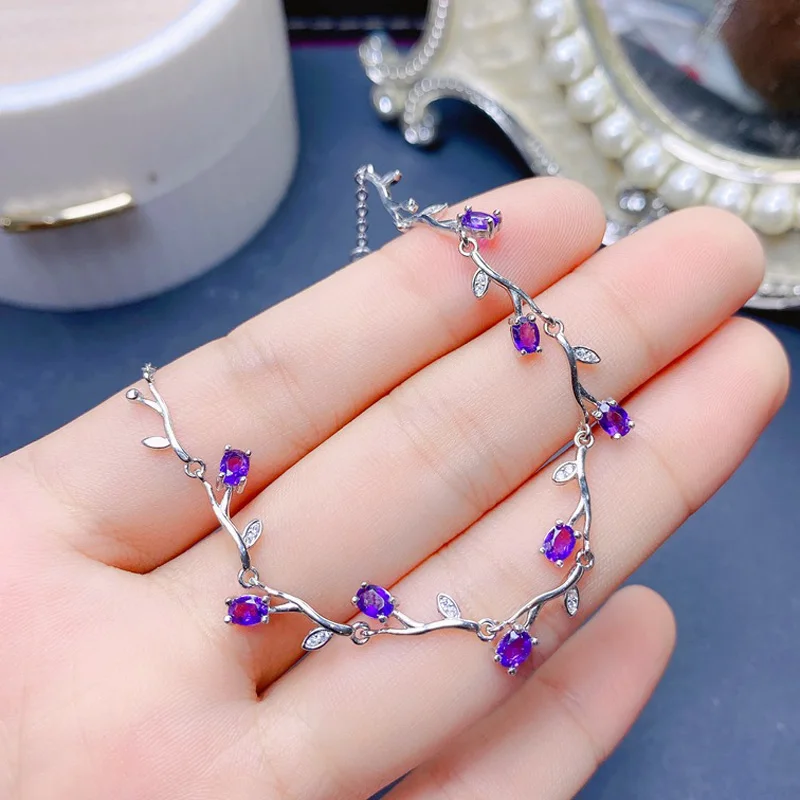 925 Silver Branch Bracelet for Daily Wear 3mm*4mm Total 1.6ct Natural Amethyst Bracelet 18K Gold Plating Amethyst Jewelry