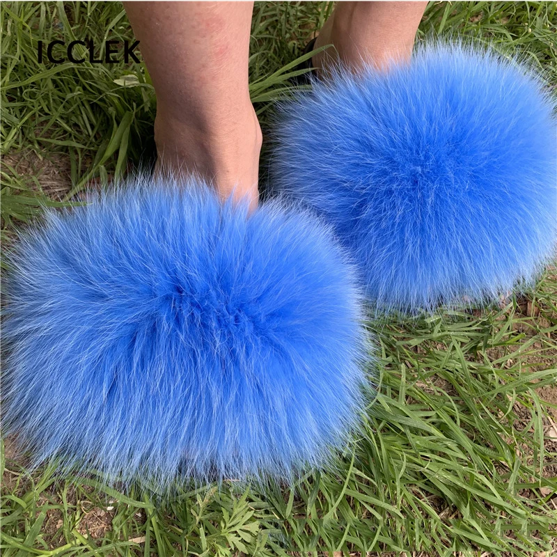 Full Fur Slippers Women Indoor Real Fox Fur Slides Fluffy Furry Flip Flops Beach Flat Sandals Plush House Slippers Summer Shoes