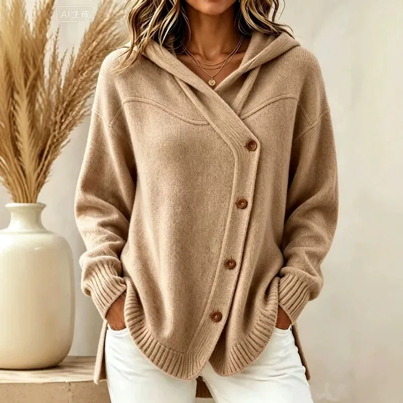 Women Hooded Knit Cardigan Oblique Button Design Long Sleeve Loose Autumn Winter Solid Color Coat Pockets Casual Knitted Sweater 4
