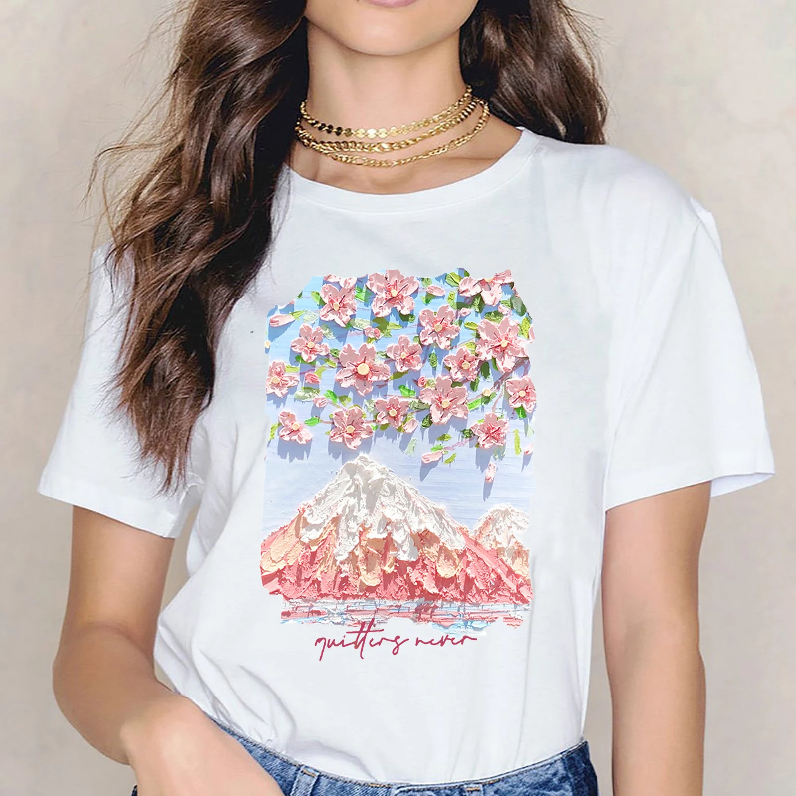 FLC 100% Cotton Fashion Oil Painting Art Cherry Blossom Clothing Gift Women Short Sleeve TShirt Oversized Casual Scenery Printed