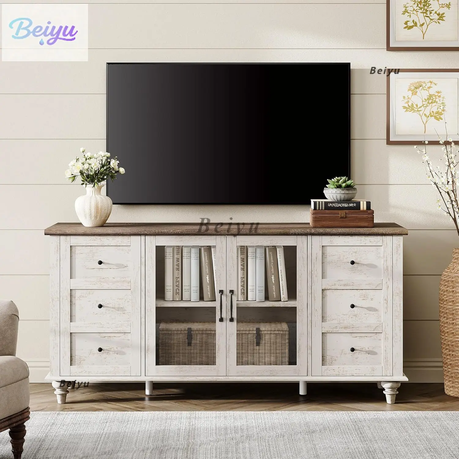 

Farmhouse TV cabinets, wood cabinets with glass doors and adjustable shelving, living room, bedroom, entertainment center