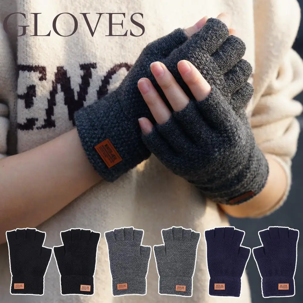 Guantes gruesos sin dedos para hombre, guantes de lana de Alpaca de punto, guantes de conducción de medio dedo, mitones de invierno con etiqueta de