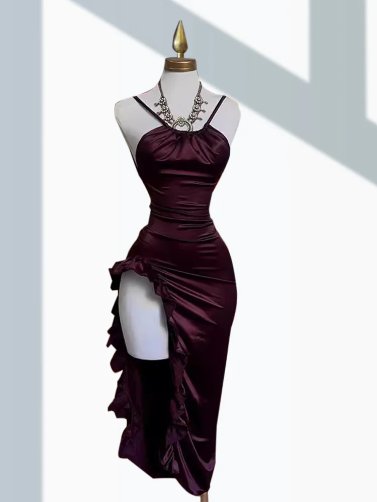 

Sexy Backless Sleeveless Midi Dress Women Ruffles High Fork Party Club Bodycon Dresses High Street Evening Elegant Female Dress