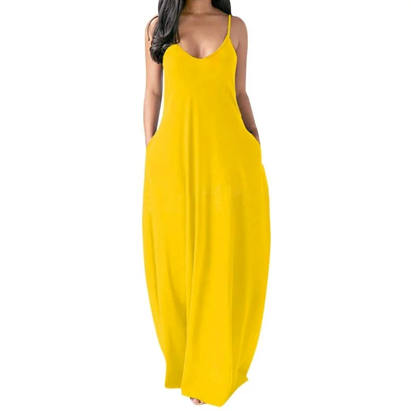 Women Pocket Long Dress Sexy V-Neck Sleeveless Loose Casual Dresses Summer Spaghetti Strap Solid Color Beach Maxi Dress S-5XL