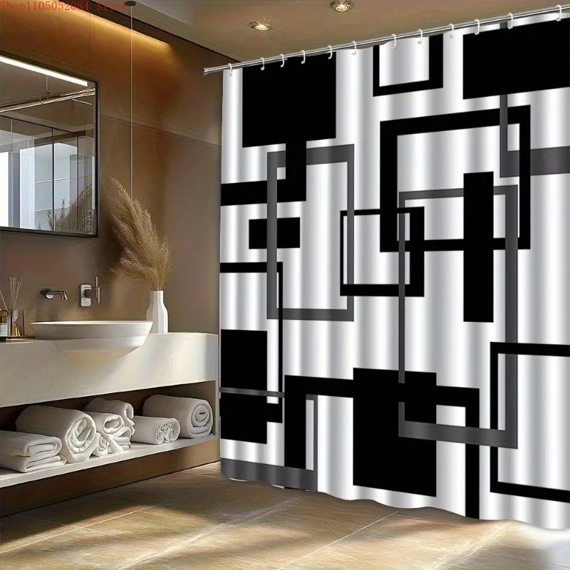 

1 шт. высококачественная шторка для душа с геометрическим узором – с крючками, водонепроницаемая, устойчивая к плесени, простая в установке, моющаяся