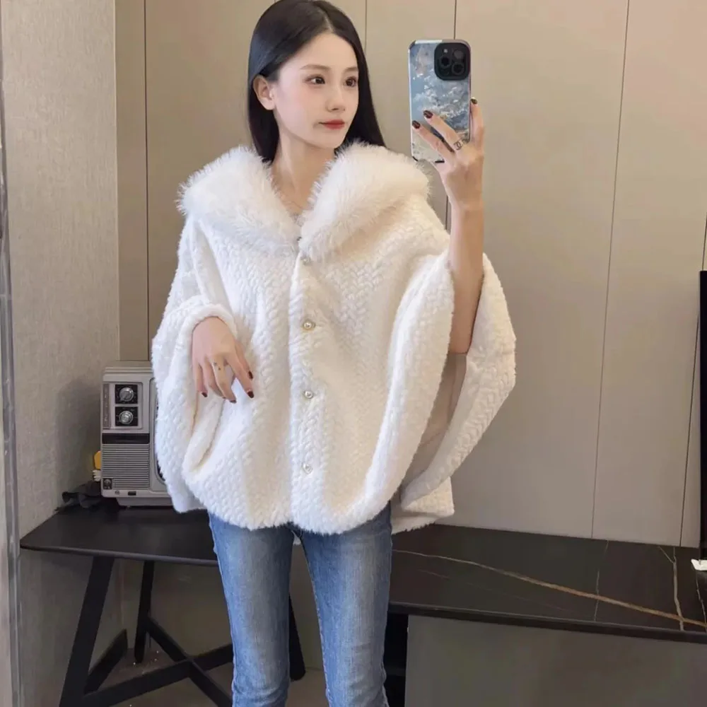 

Luxury Flocking Cardigan Poncho Tops Faux Mink Fur Collar White Cape Coat Elegant Fox Hair Cloak Hairy Fluffy Jacket Shawl Lady