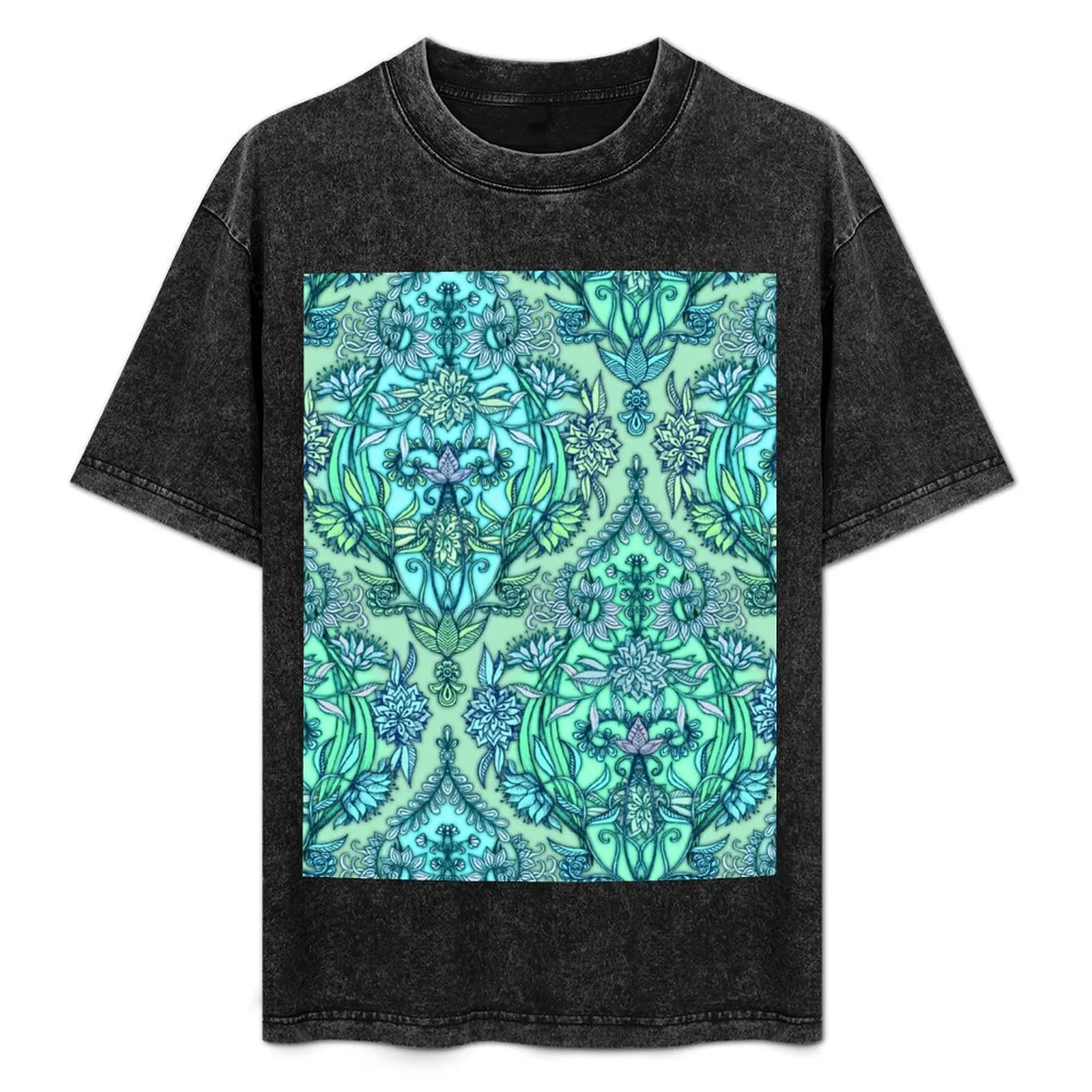 Botanical Moroccan Doodle Pattern in Mint Green, Lilac & Aqua T-Shirt Festival Casual Short Sleeve