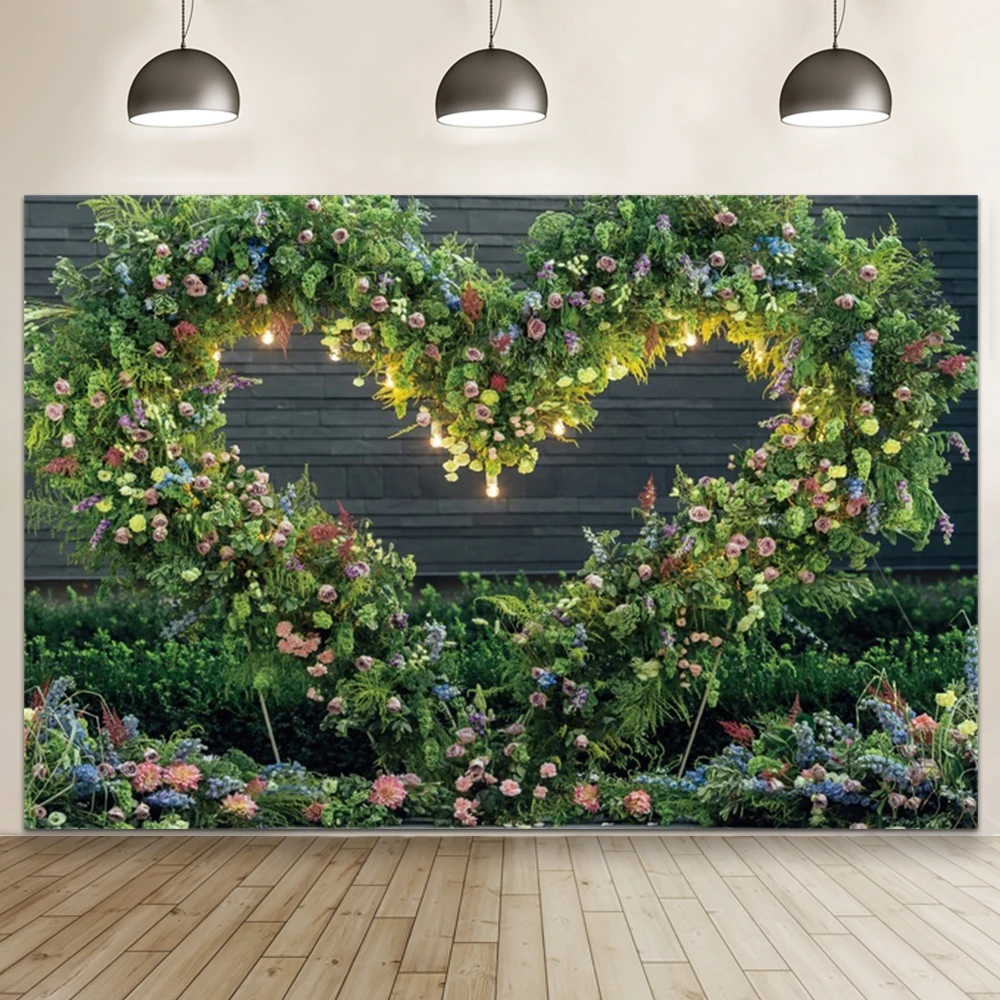 Fondo de fotografía de escena de césped de boda flor césped primavera espectáculo nupcial pared de flores cortina blanca telón de fondo de fiesta de cumpleaños