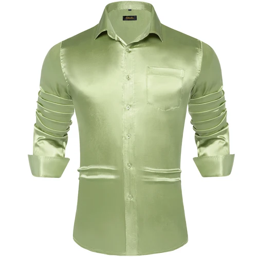 Imagen 2 del producto Camisas de satén liso para hombre, camisas de vestir sociales de manga larga para hombre, color verde salvia, negro, amarillo y rojo, ropa para fiesta de boda