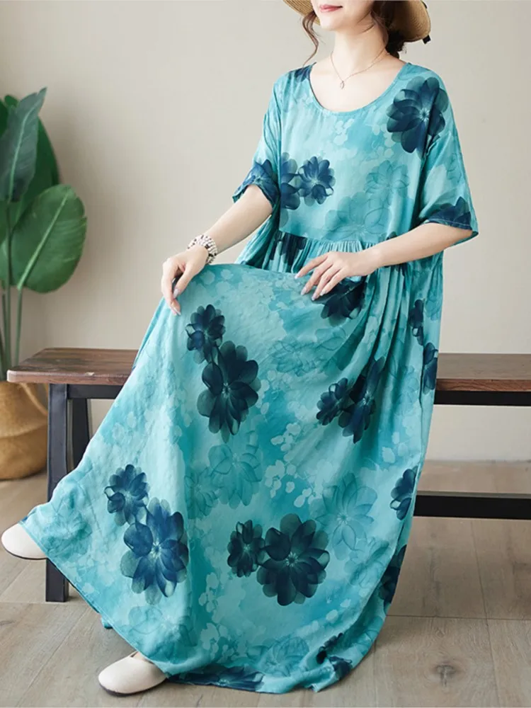 Robe d'été longue à fleurs pour femmes, modèle plissé à volants, manches courtes, style décontracté